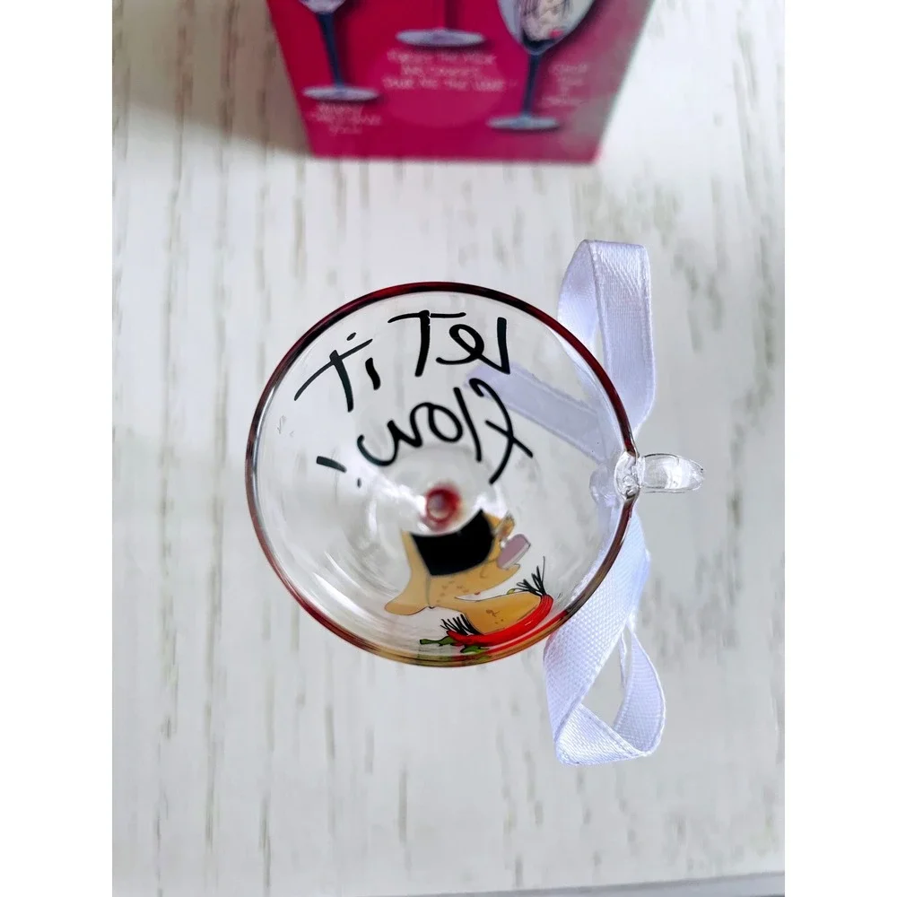 Tumbleweed Pottery Let It‎ Flow Wine Glass Ornament Hand Painted Mini Boxed